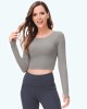 Winter new nude yoga suit with long sleeves for warmth and slimming, with chest pads and sexy exposed navel, fitness top for women