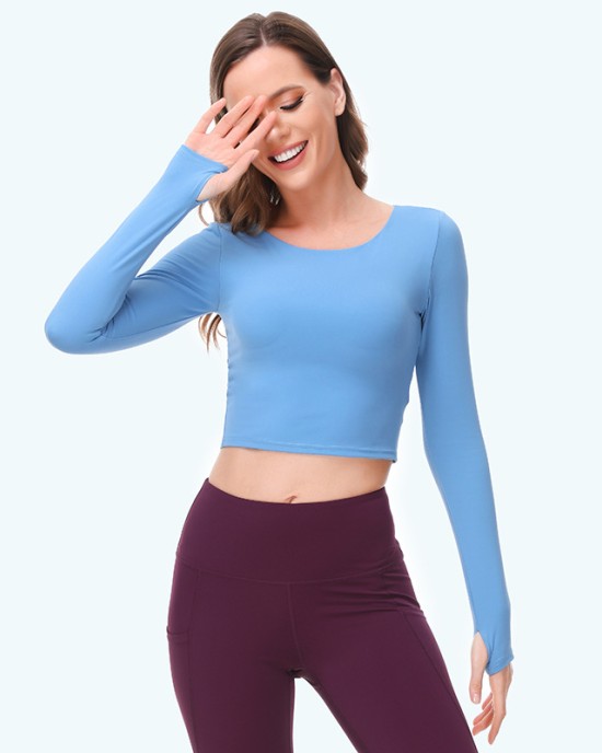 Winter new nude yoga suit with long sleeves for warmth and slimming, with chest pads and sexy exposed navel, fitness top for women