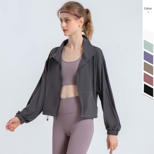 New stand up neckline drawstring yoga suit with cloud feeling, loose and simple slimming effect, jacket pocket, sports and fitness suit