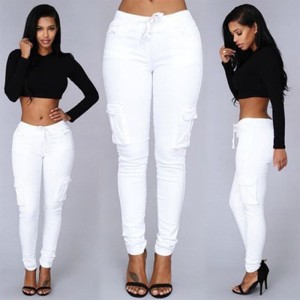 Pencil pants are hot selling for women with multiple pockets, drawstring straps, and a waist belt for women's casual pants