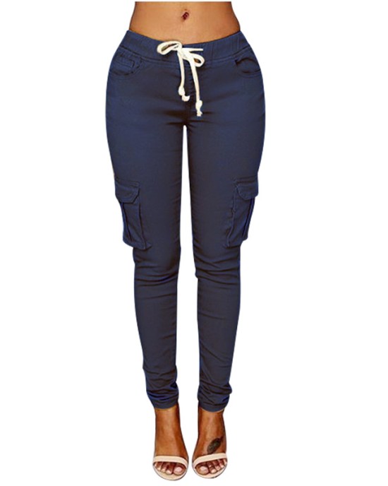 Pencil pants are hot selling for women with multiple pockets, drawstring straps, and a waist belt for women's casual pants