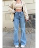 2024 women's jeans mid-waist blue denim temperament commuter micro pants dark pants female