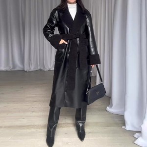 2024 new fashion retro fur stitching knee-length temperament coat woman