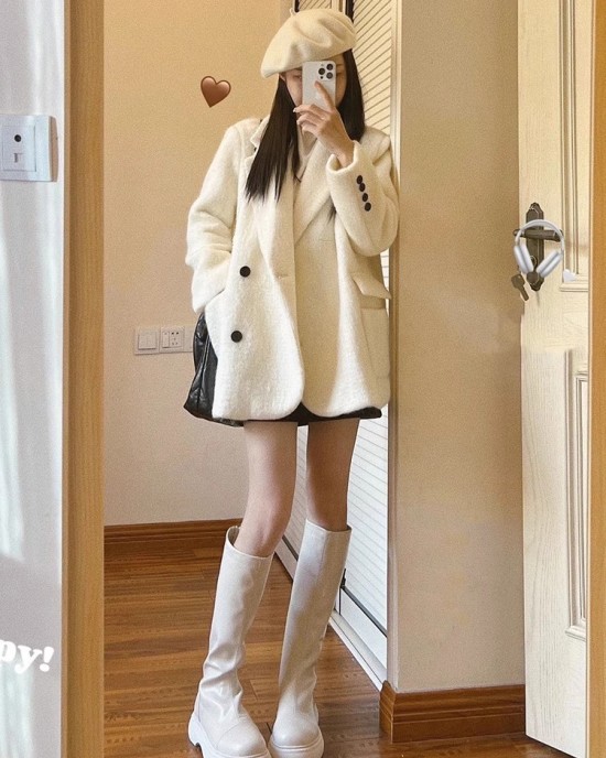 Fashionable and sophisticated suit jacket for women's autumn/winter 2023 mid length white woolen coat