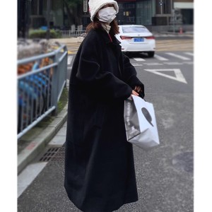 Black woolen coat jacket 2023 autumn/winter new Korean version loose knee length thickened girl's woolen coat jacket