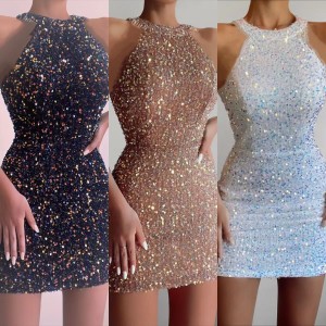 2024 New Fashion Hanging Neck Sexy Crystal Tassel Hip Sequins Dress Midi Evening Gowns