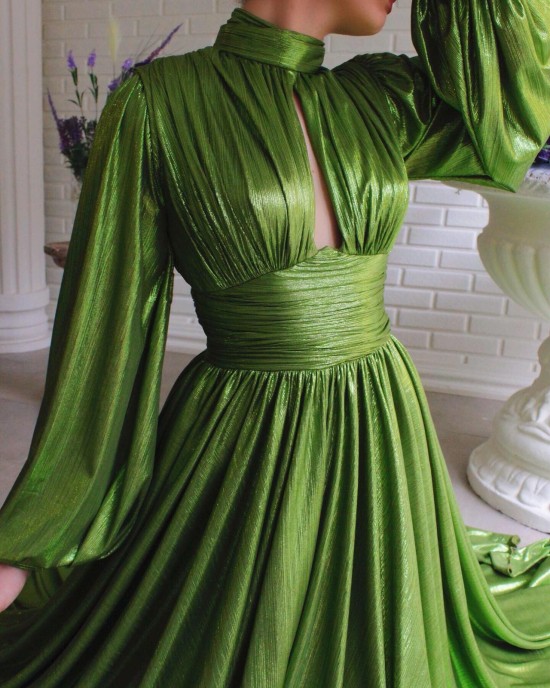 New 2024 spring and summer fashion color waist hanging neck swinging sexy avocado green dress long skirt.