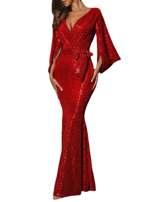 Spring/summer 2024 new dress sexy split color sequins long mop evening dress