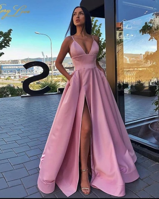 Summer new women's sexy slim sling dress deep V split banquet evening dress