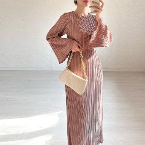 Fall New Fashion Round Neck Flared Sleeve Threaded Long Sleeve Package Hip Dress Long Dress