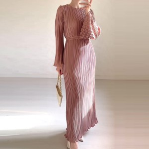 Fall New Fashion Round Neck Flared Sleeve Threaded Long Sleeve Package Hip Dress Long Dress