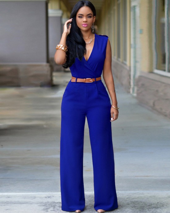 New high waisted solid color casual women's V-neck sleeveless sexy slim fit jumpsuit