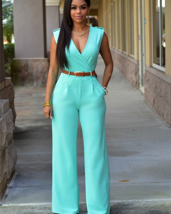 New high waisted solid color casual women's V-neck sleeveless sexy slim fit jumpsuit