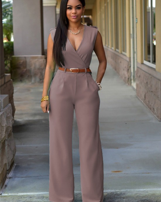 New high waisted solid color casual women's V-neck sleeveless sexy slim fit jumpsuit