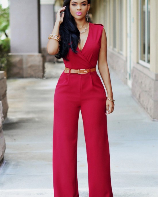 New high waisted solid color casual women's V-neck sleeveless sexy slim fit jumpsuit