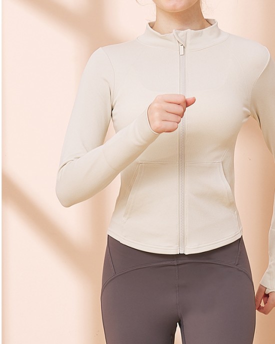 2024 Spring and Summer Seamless Yoga Wear Tops Long Sleeve Fashion Standing Collar Solid Color Slim Outdoor Sports Zipper Jacket Women