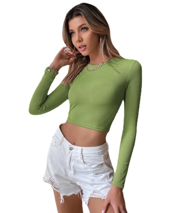 2024 Women's Sexy Backless Casual Short Slim Knit Long Sleeve T-shirt Top Bottom Outer Wear